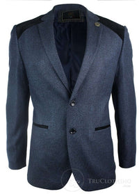 Moški temno moder vintage twead blazer suknjič črn žametni komolec elegantno-ležerni