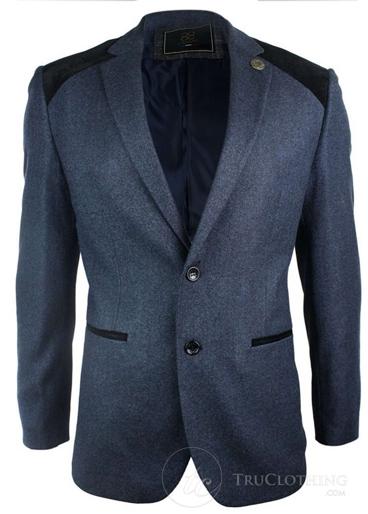 Moški temno moder vintage twead blazer suknjič črn žametni komolec elegantno-ležerni