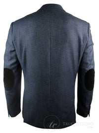 Moški temno moder vintage twead blazer suknjič črn žametni komolec elegantno-ležerni