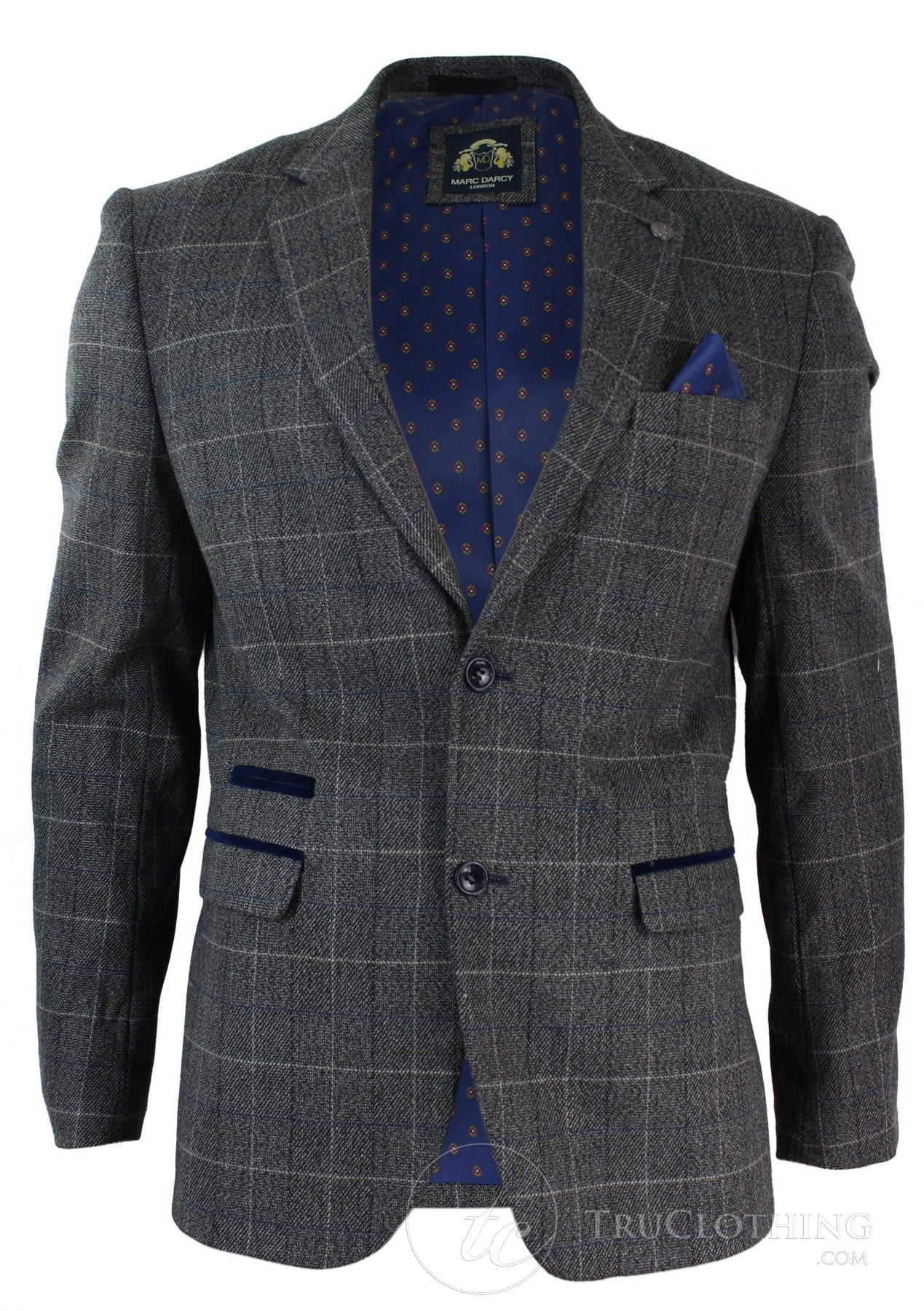 Moški siv karo tvid blazer suknjič z vzorcem ribje kosti v vintage kroju, moder žametni rob - siv