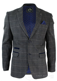 Moški siv karo tvid blazer suknjič z vzorcem ribje kosti v vintage kroju, moder žametni rob - siv