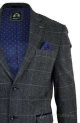 Moški siv karo tvid blazer suknjič z vzorcem ribje kosti v vintage kroju, moder žametni rob - siv