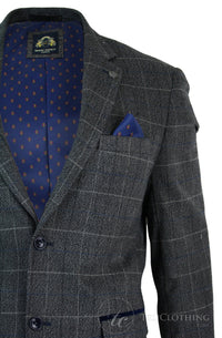 Moški siv karo tvid blazer suknjič z vzorcem ribje kosti v vintage kroju, moder žametni rob - siv