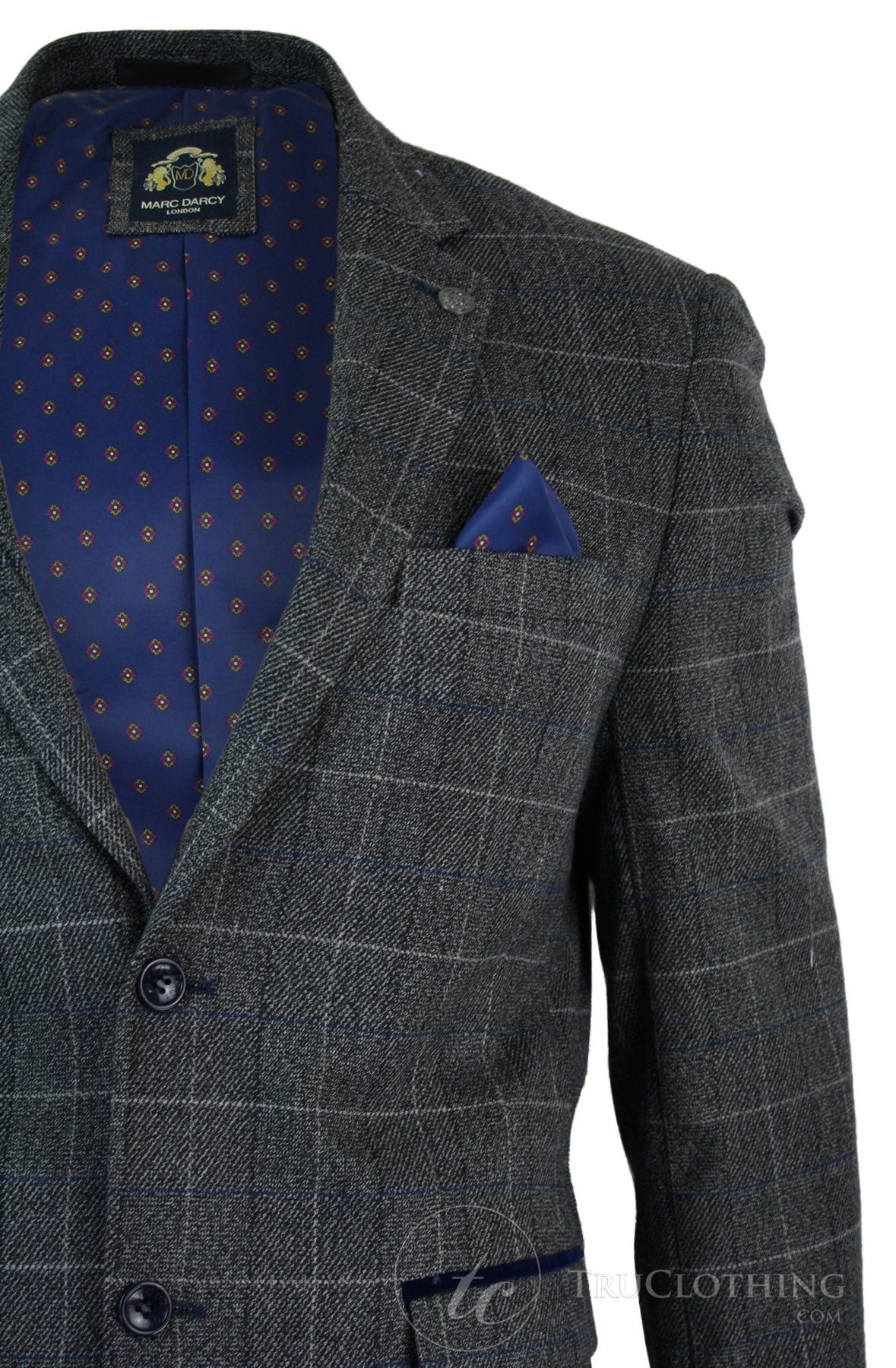 Moški siv karo tvid blazer suknjič z vzorcem ribje kosti v vintage kroju, moder žametni rob - siv