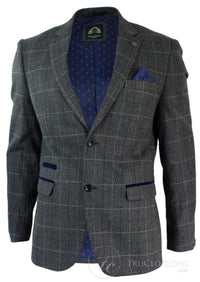 Moški siv karo tvid blazer suknjič z vzorcem ribje kosti v vintage kroju, moder žametni rob - siv