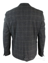 Moški siv karo tvid blazer suknjič z vzorcem ribje kosti v vintage kroju, moder žametni rob - siv