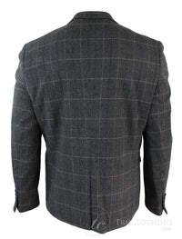 Moški siv karo tvid blazer suknjič z vzorcem ribje kosti v vintage kroju, moder žametni rob - siv