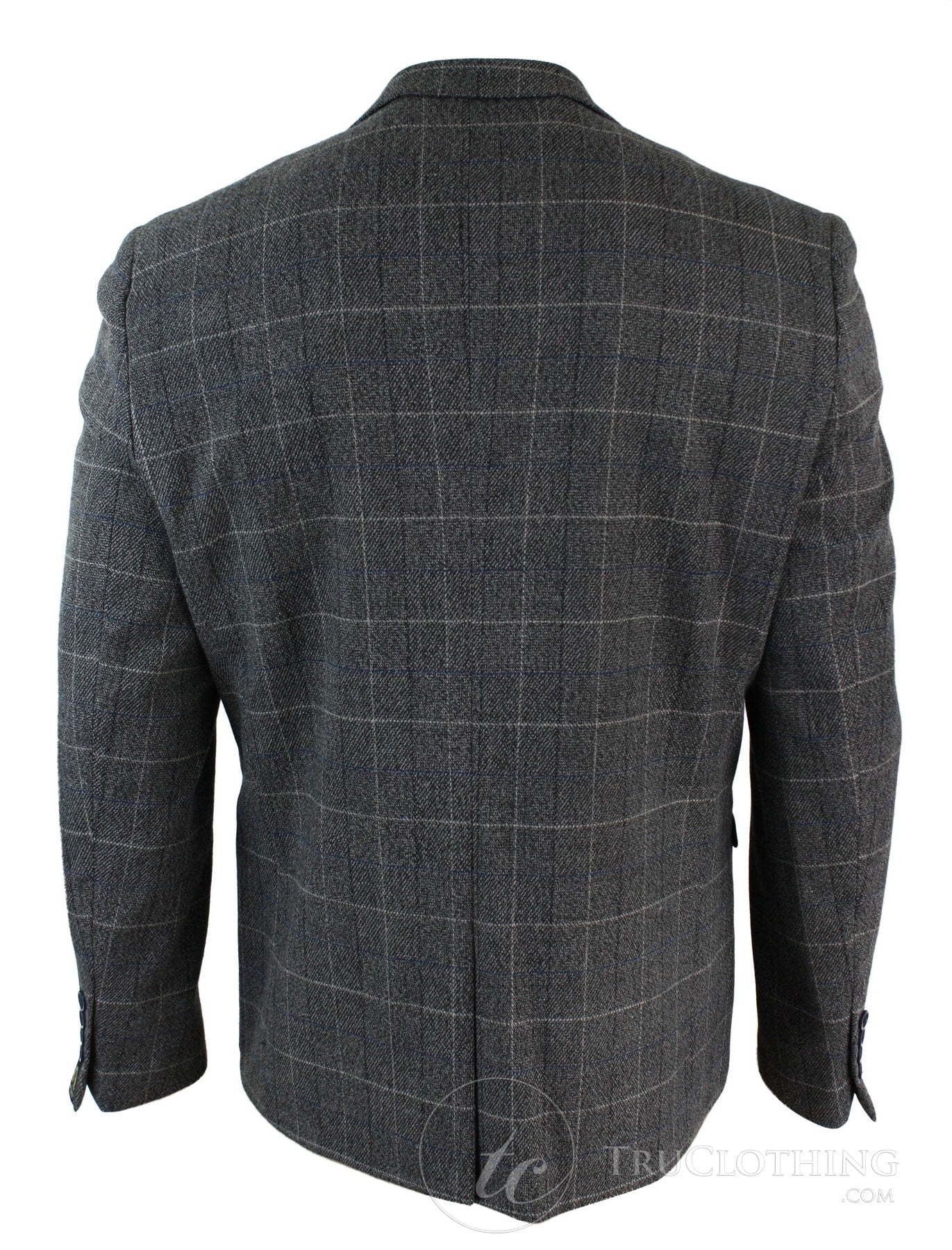 Moški siv karo tvid blazer suknjič z vzorcem ribje kosti v vintage kroju, moder žametni rob - siv