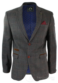 Moški siv karo tvid blazer suknjič z vzorcem ribje kosti v vintage kroju, moder žametni rob - rjava barva