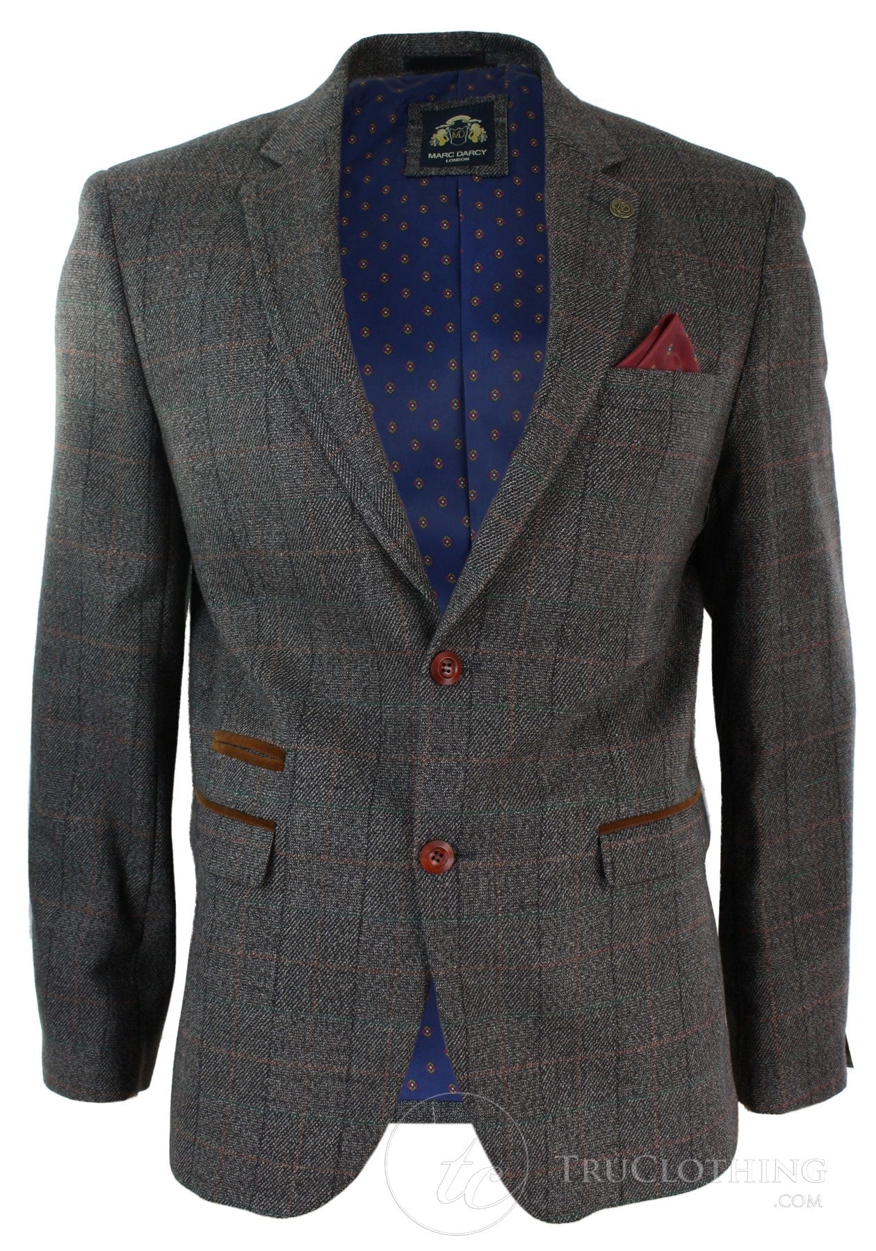 Moški siv karo tvid blazer suknjič z vzorcem ribje kosti v vintage kroju, moder žametni rob - rjava barva
