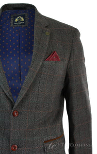 Moški siv karo tvid blazer suknjič z vzorcem ribje kosti v vintage kroju, moder žametni rob - rjava barva