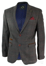 Moški siv karo tvid blazer suknjič z vzorcem ribje kosti v vintage kroju, moder žametni rob - rjava barva