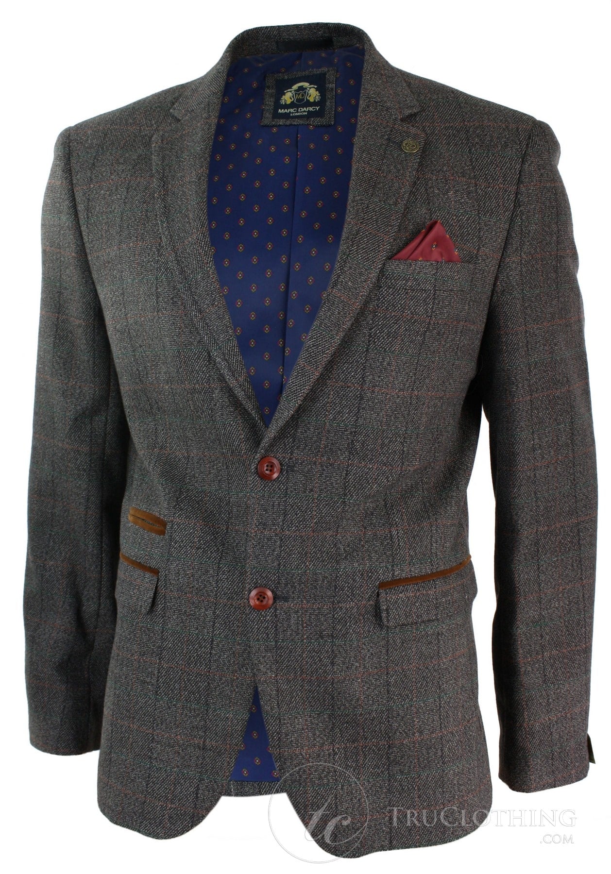 Moški siv karo tvid blazer suknjič z vzorcem ribje kosti v vintage kroju, moder žametni rob - rjava barva