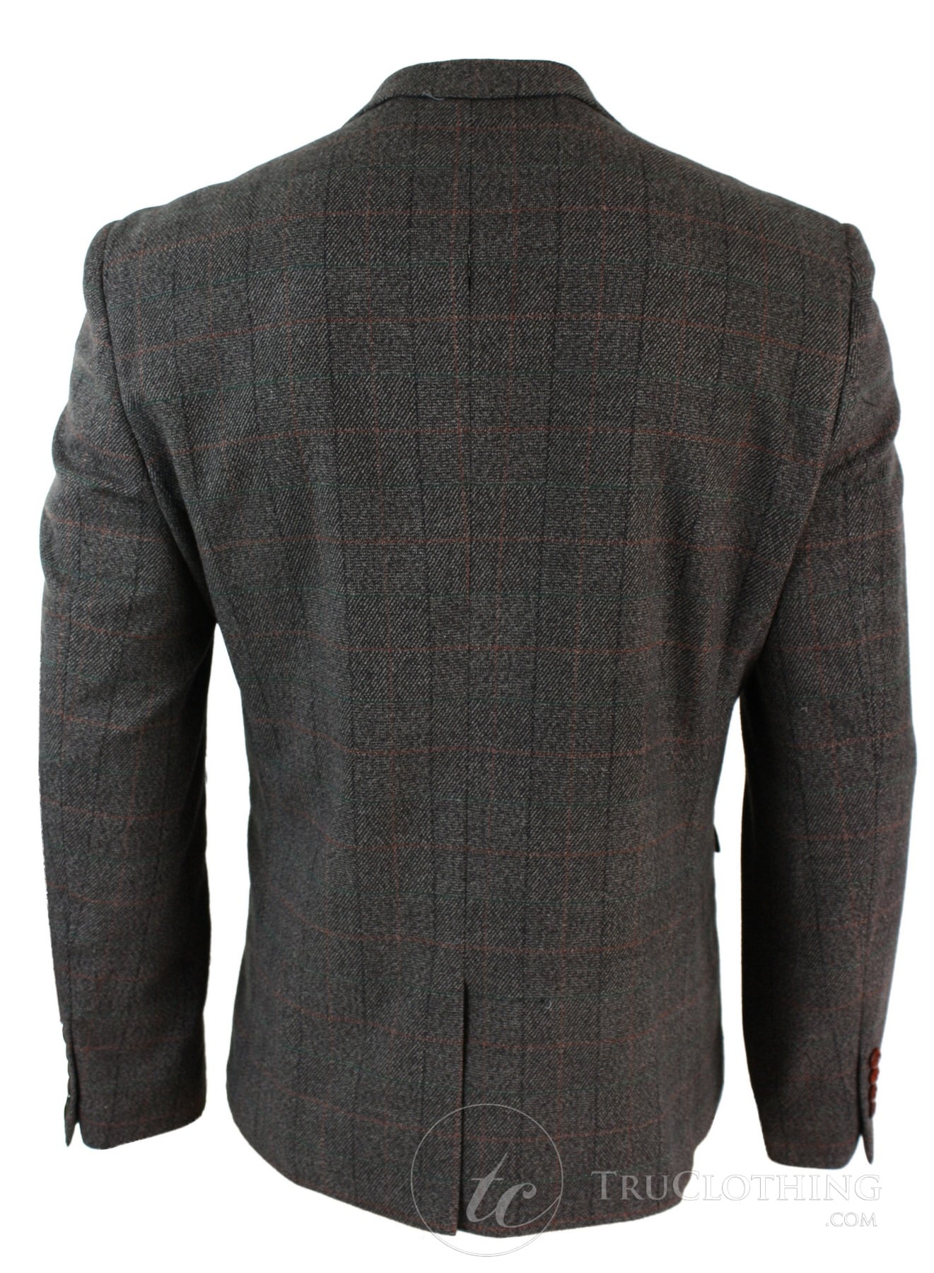 Moški siv karo tvid blazer suknjič z vzorcem ribje kosti v vintage kroju, moder žametni rob - rjava barva