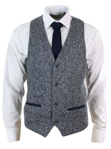Moški sivo moder tvid slim fit debel telovnik z vzorcem ribje kosti, elegantno-ležerni