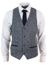 Moški sivo moder tvid slim fit debel telovnik z vzorcem ribje kosti, elegantno-ležerni