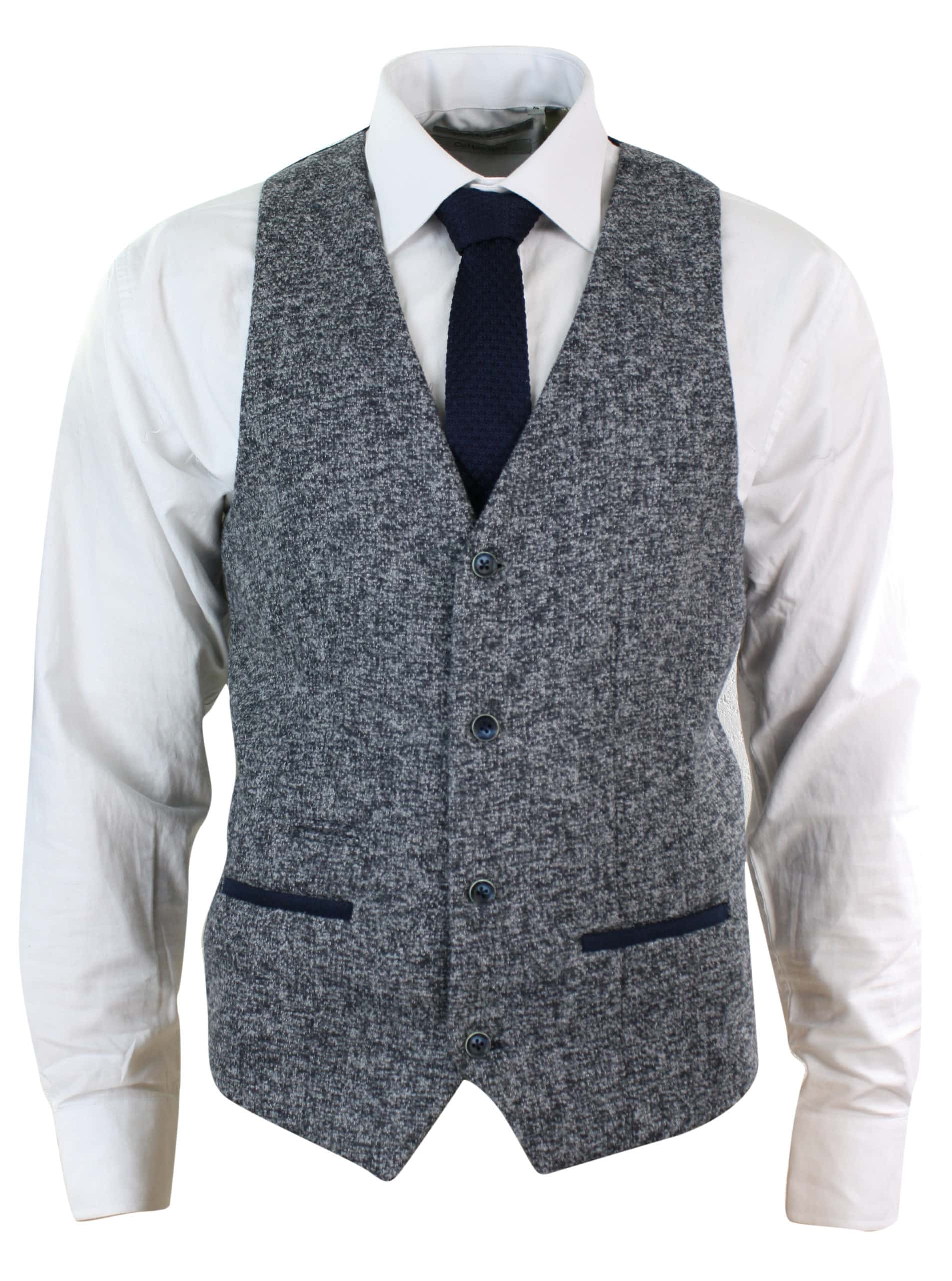 Moški sivo moder tvid slim fit debel telovnik z vzorcem ribje kosti, elegantno-ležerni