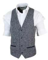 Moški sivo moder tvid slim fit debel telovnik z vzorcem ribje kosti, elegantno-ležerni