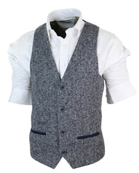 Moški sivo moder tvid slim fit debel telovnik z vzorcem ribje kosti, elegantno-ležerni