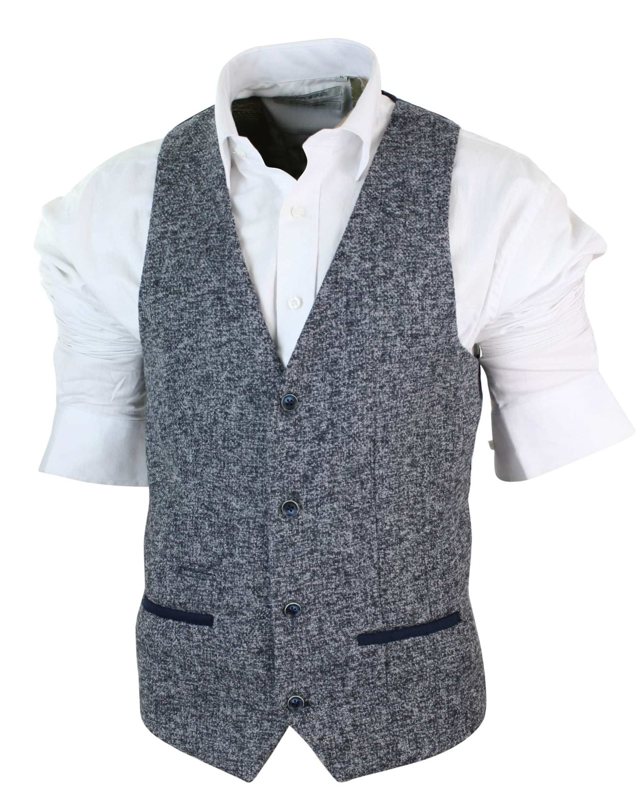 Moški sivo moder tvid slim fit debel telovnik z vzorcem ribje kosti, elegantno-ležerni