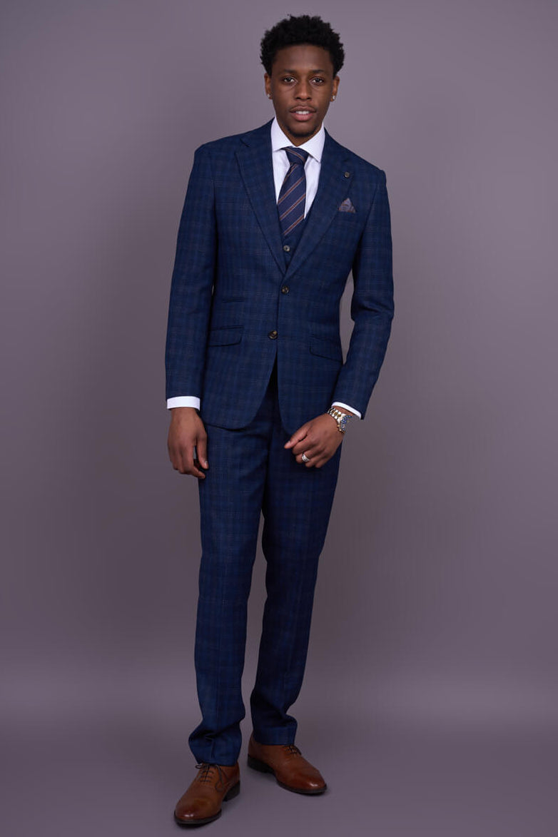 Marcos - Moška mornarsko modra karo obleka slim fit 3 kosi