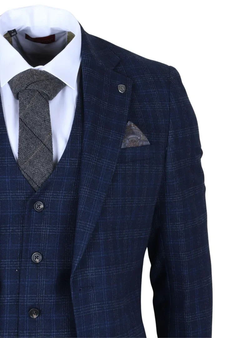Marcos - Moška mornarsko modra karo obleka slim fit 3 kosi