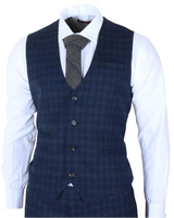 Marcos - Moška mornarsko modra karo obleka slim fit 3 kosi