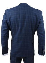 Marcos - Moška mornarsko modra karo obleka slim fit 3 kosi