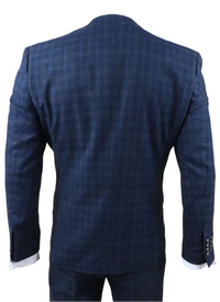 Marcos - Moška mornarsko modra karo obleka slim fit 3 kosi