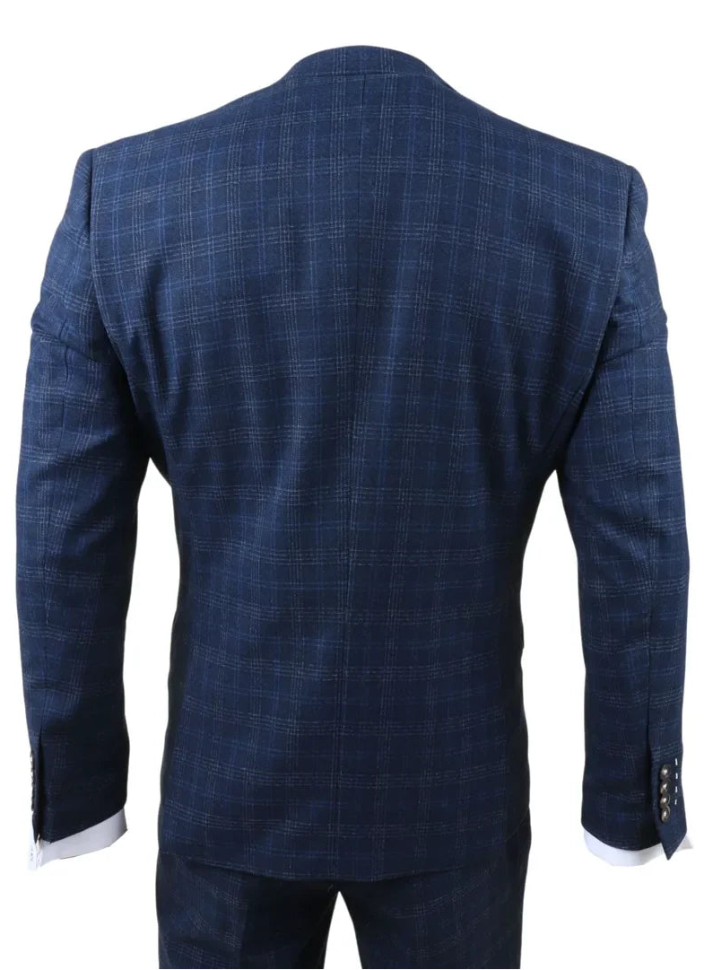 Marcos - Moška mornarsko modra karo obleka slim fit 3 kosi