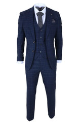 Marcos - Moška mornarsko modra karo obleka slim fit 3 kosi