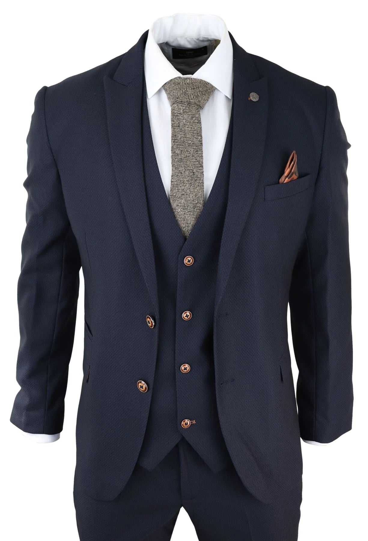 Moška 3-delna mornarsko modra obleka Birdseye Slim Fit Marc Darcy Max Classic 1920s Vintage