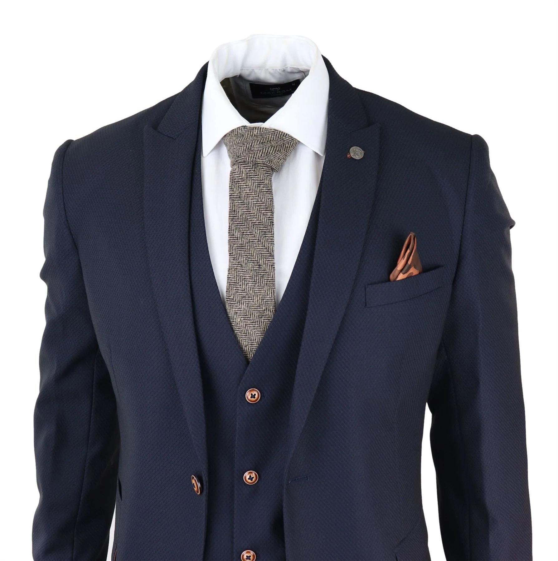 Moška 3-delna mornarsko modra obleka Birdseye Slim Fit Marc Darcy Max Classic 1920s Vintage