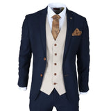 Mayfair - Moška mornarsko modra 3-delna obleka s kremnim telovnikom