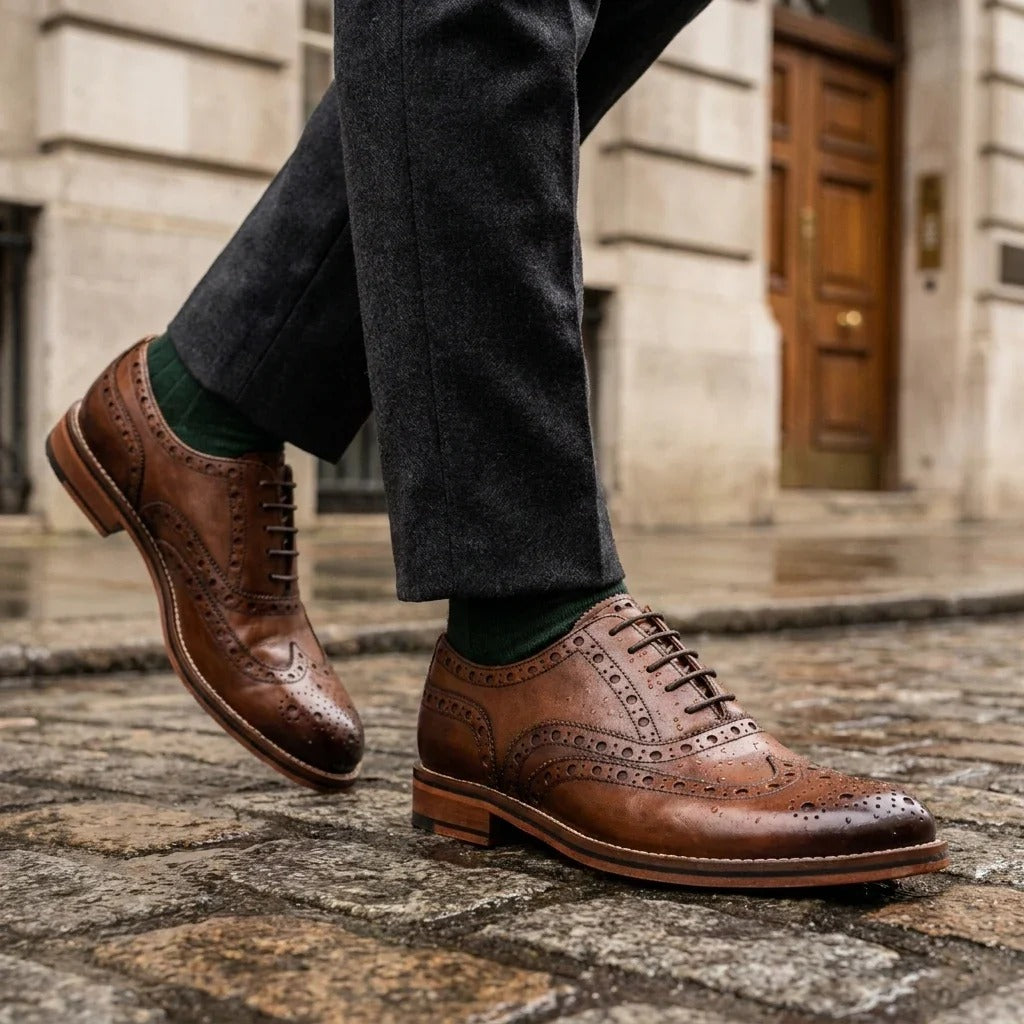 Moški rjavi usnjeni oxfordski čevlji Wingtip brogue