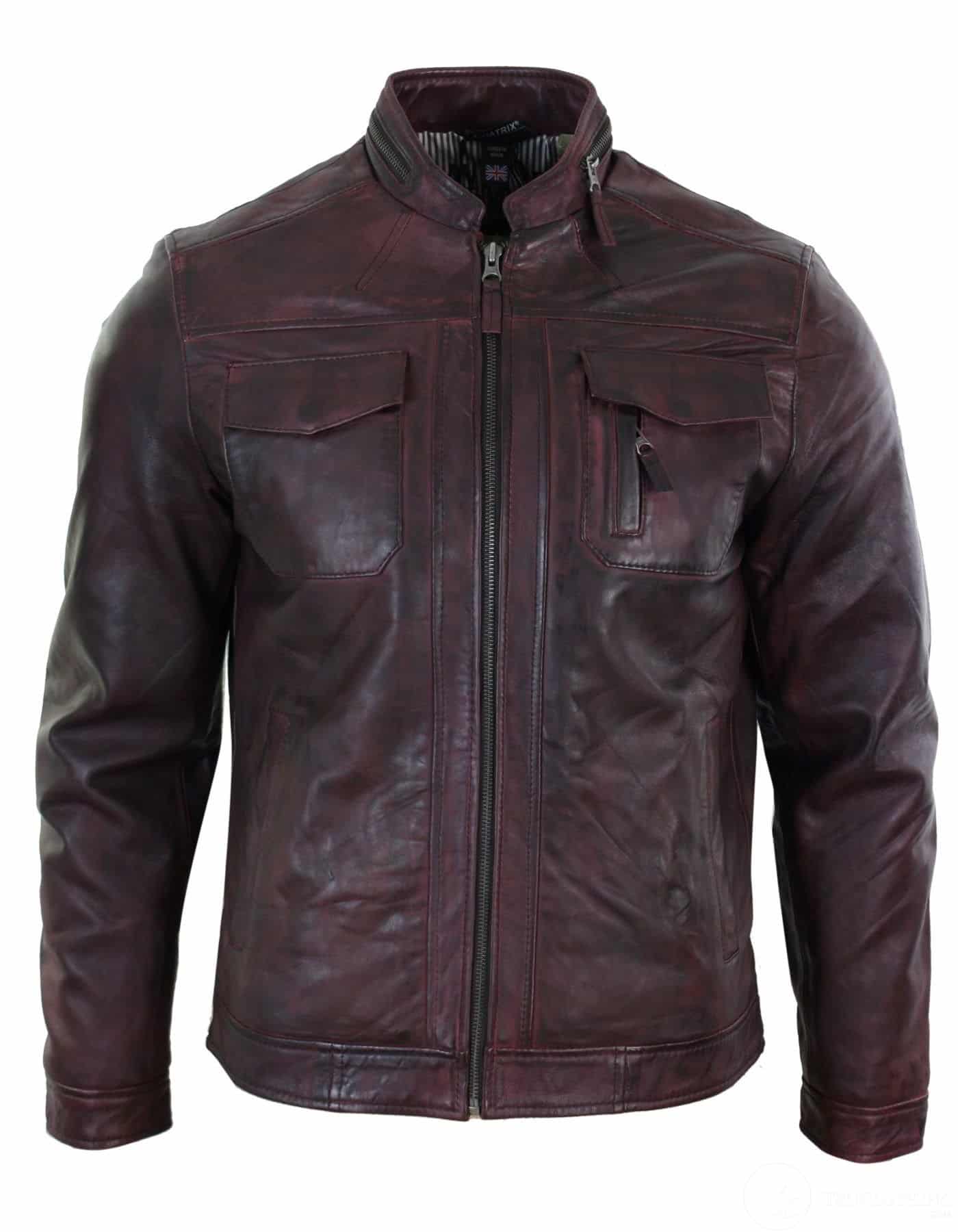 Prava usnjena kratka zadrga z zadrgo, vinsko bordo, retro moška motoristična jakna, oprana vintage