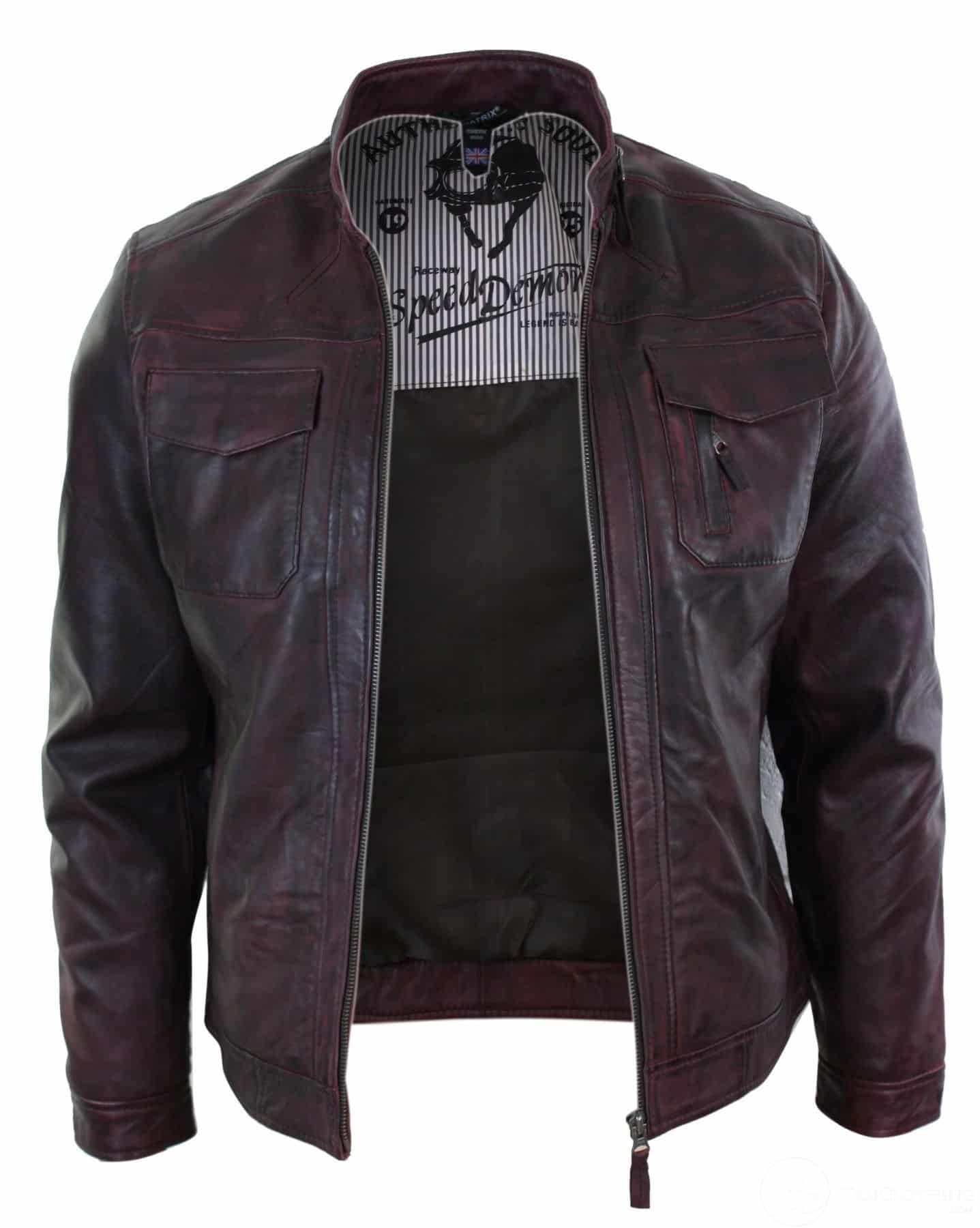 Prava usnjena kratka zadrga z zadrgo, vinsko bordo, retro moška motoristična jakna, oprana vintage