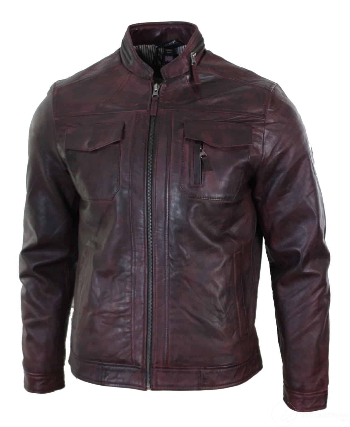 Prava usnjena kratka zadrga z zadrgo, vinsko bordo, retro moška motoristična jakna, oprana vintage