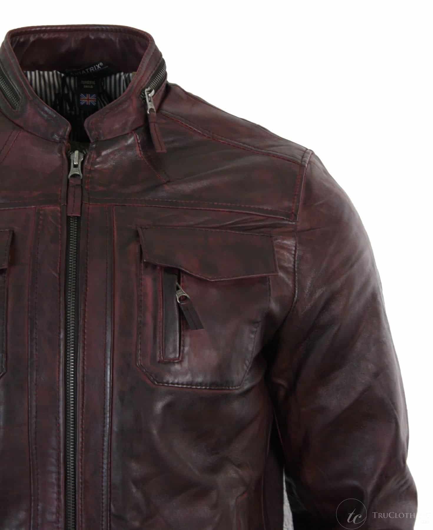 Prava usnjena kratka zadrga z zadrgo, vinsko bordo, retro moška motoristična jakna, oprana vintage