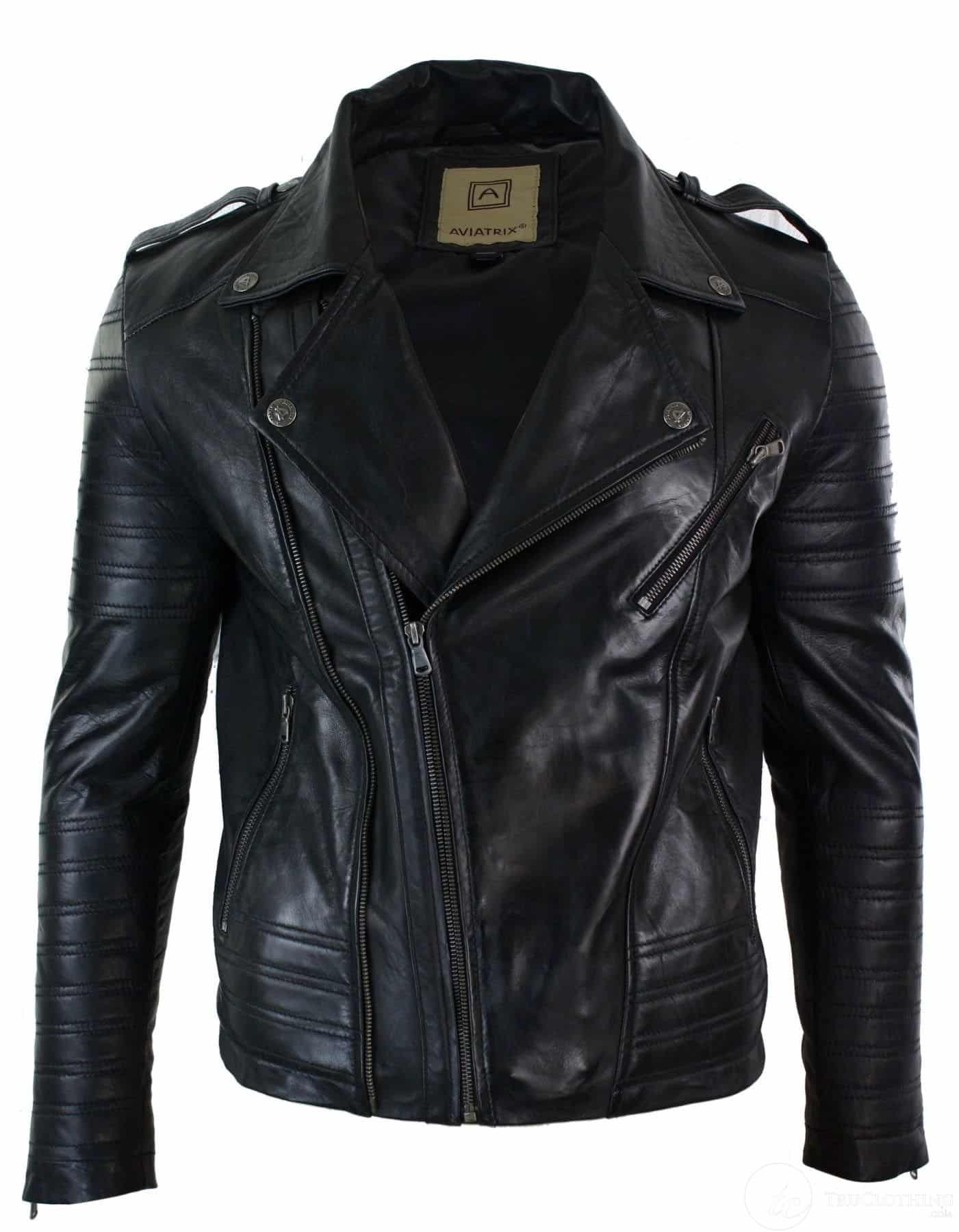 Moška motoristična jakna iz pravega usnja s prekrižano zadrgo, vintage retro, črna, urbana, slim fit - XXXL - črna