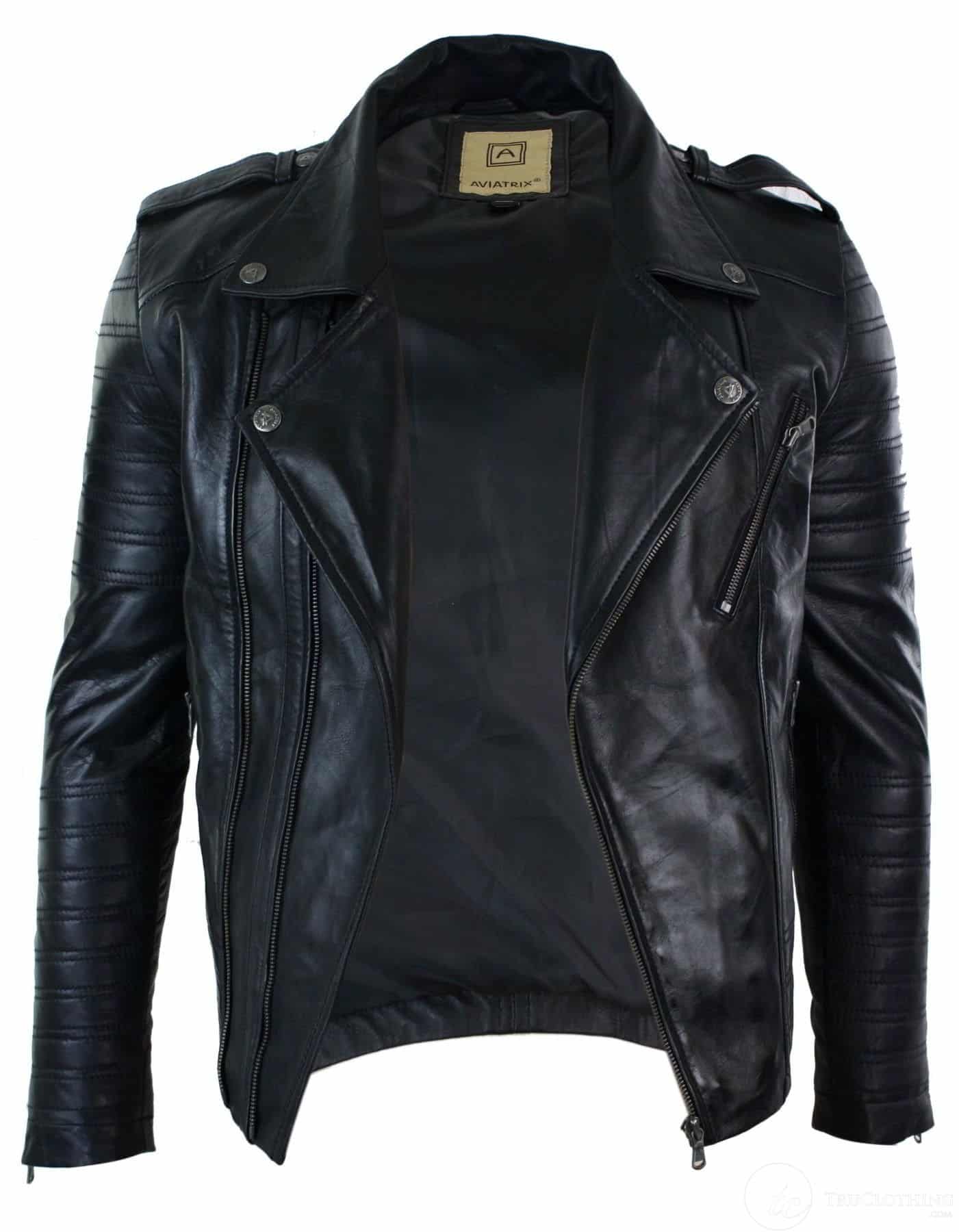 Moška motoristična jakna iz pravega usnja s prekrižano zadrgo, vintage retro, črna, urbana, slim fit - XXXL - črna