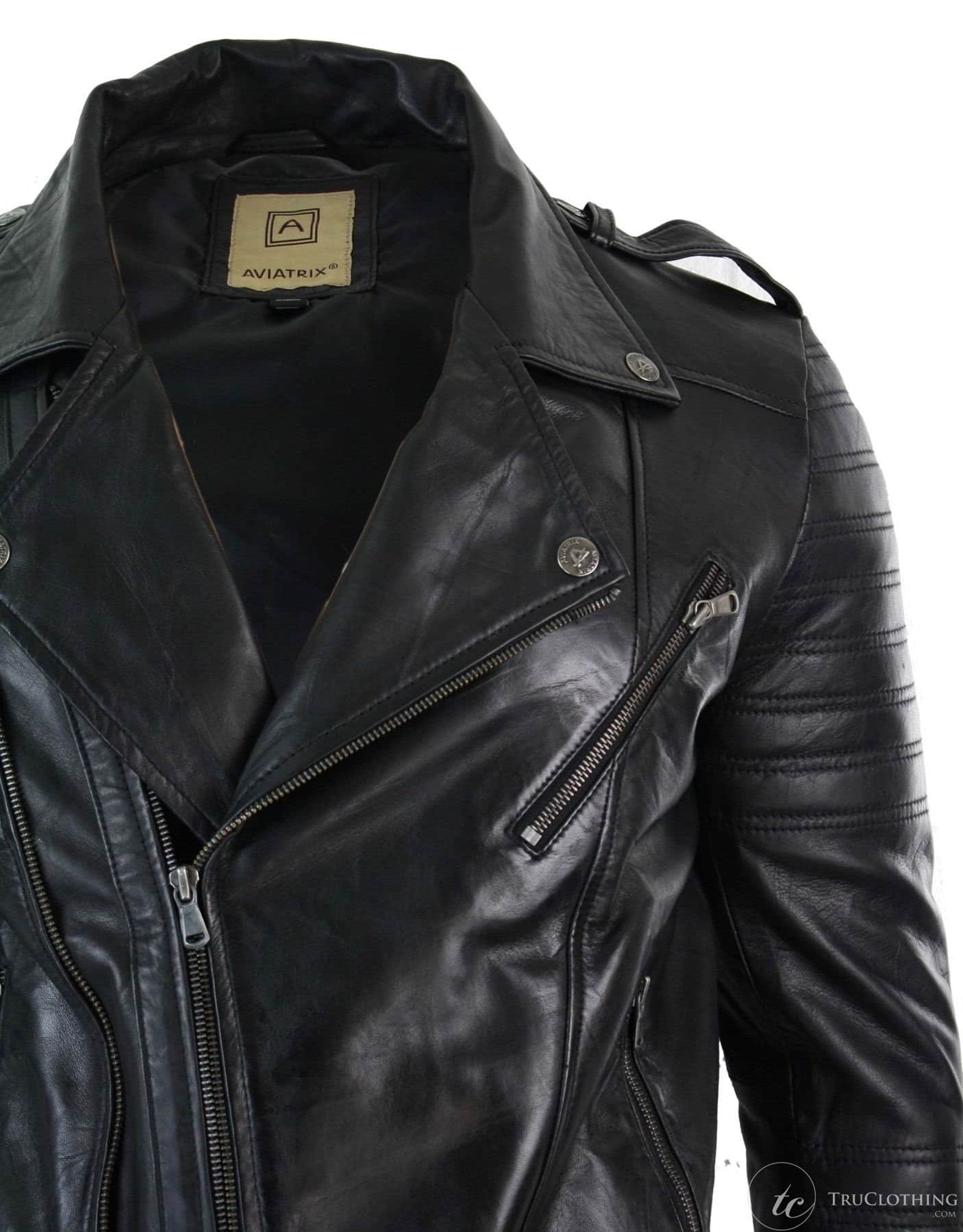 Moška motoristična jakna iz pravega usnja s prekrižano zadrgo, vintage retro, črna, urbana, slim fit - XXXL - črna