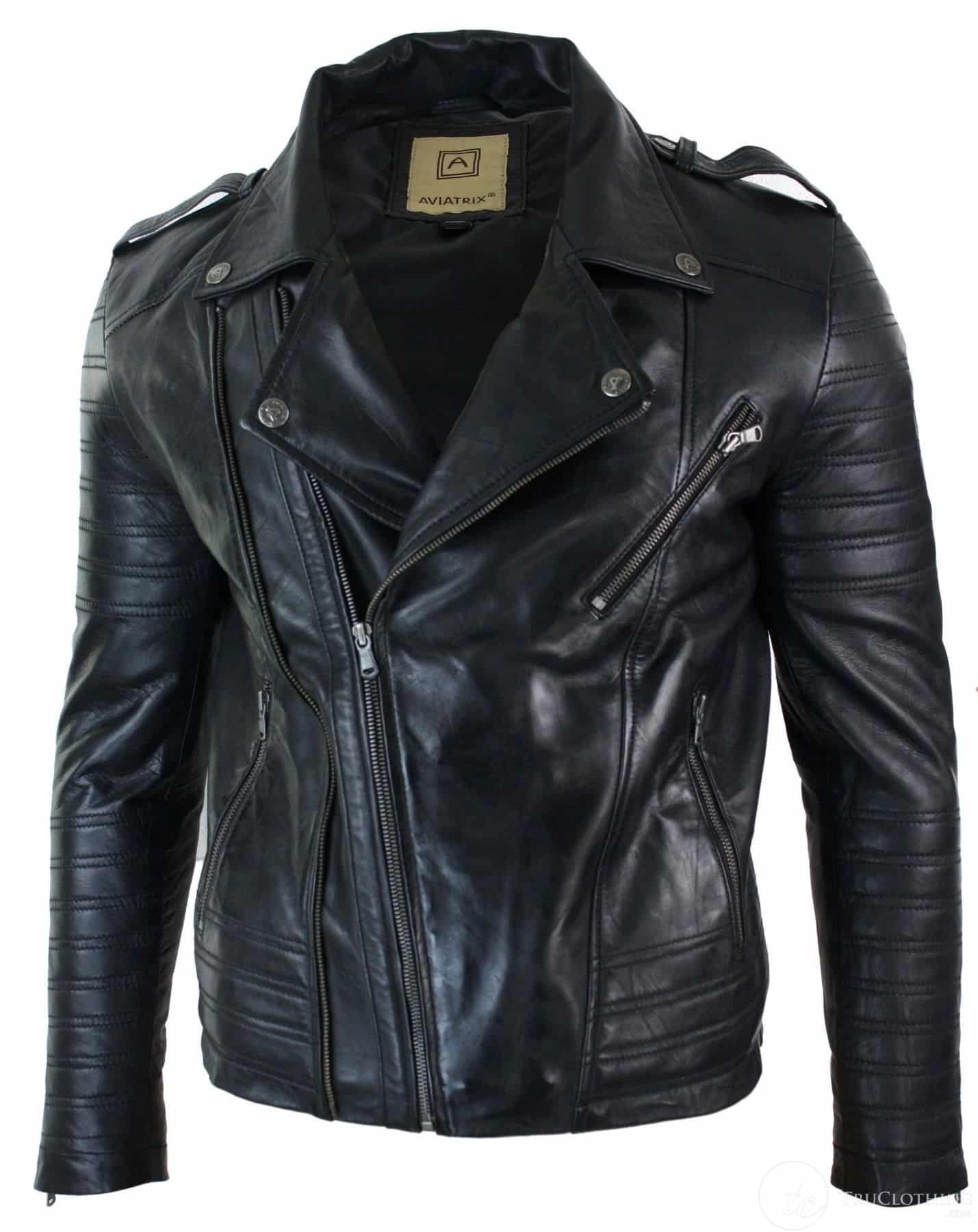 Moška motoristična jakna iz pravega usnja s prekrižano zadrgo, vintage retro, črna, urbana, slim fit - XXXL - črna