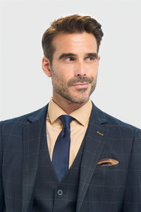 Moški mornarsko moder karo krojeni blazer