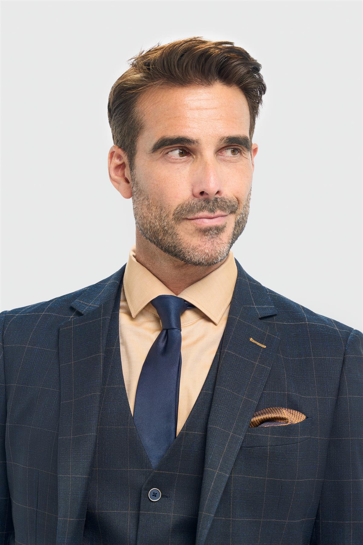 Moški mornarsko moder karo krojeni blazer