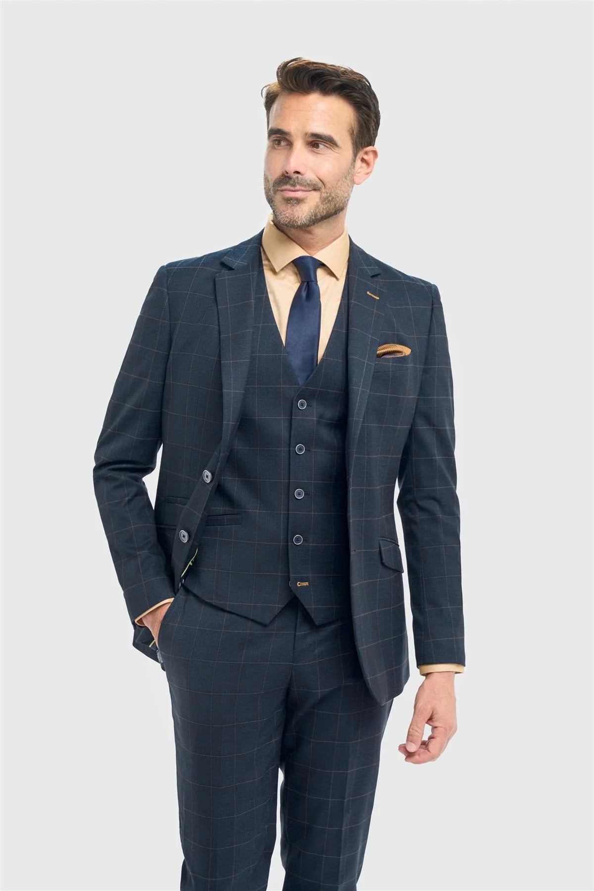 Moški mornarsko moder karo krojeni blazer