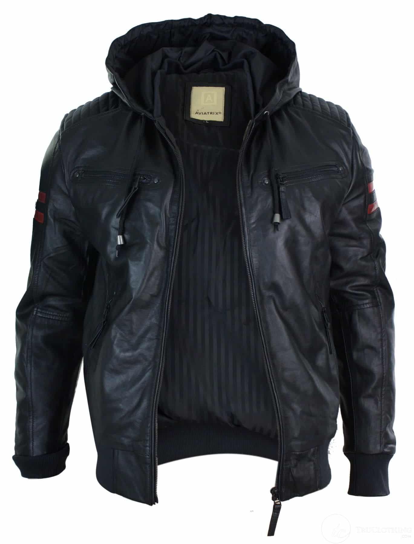 Moška črna bomber jakna s kapuco iz pravega usnja, rdeče črte, prešita, oprijeta, casual