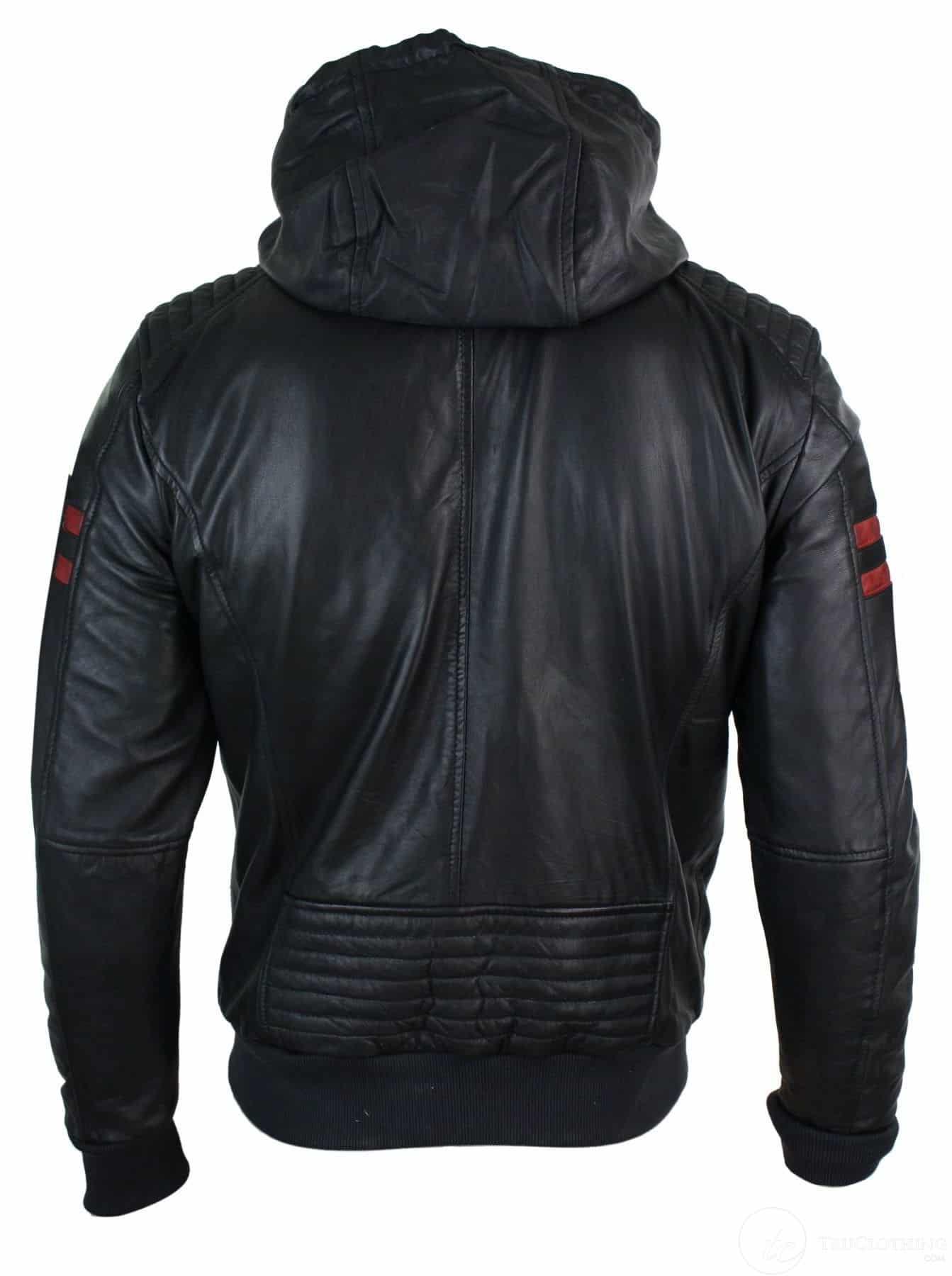 Moška črna bomber jakna s kapuco iz pravega usnja, rdeče črte, prešita, oprijeta, casual