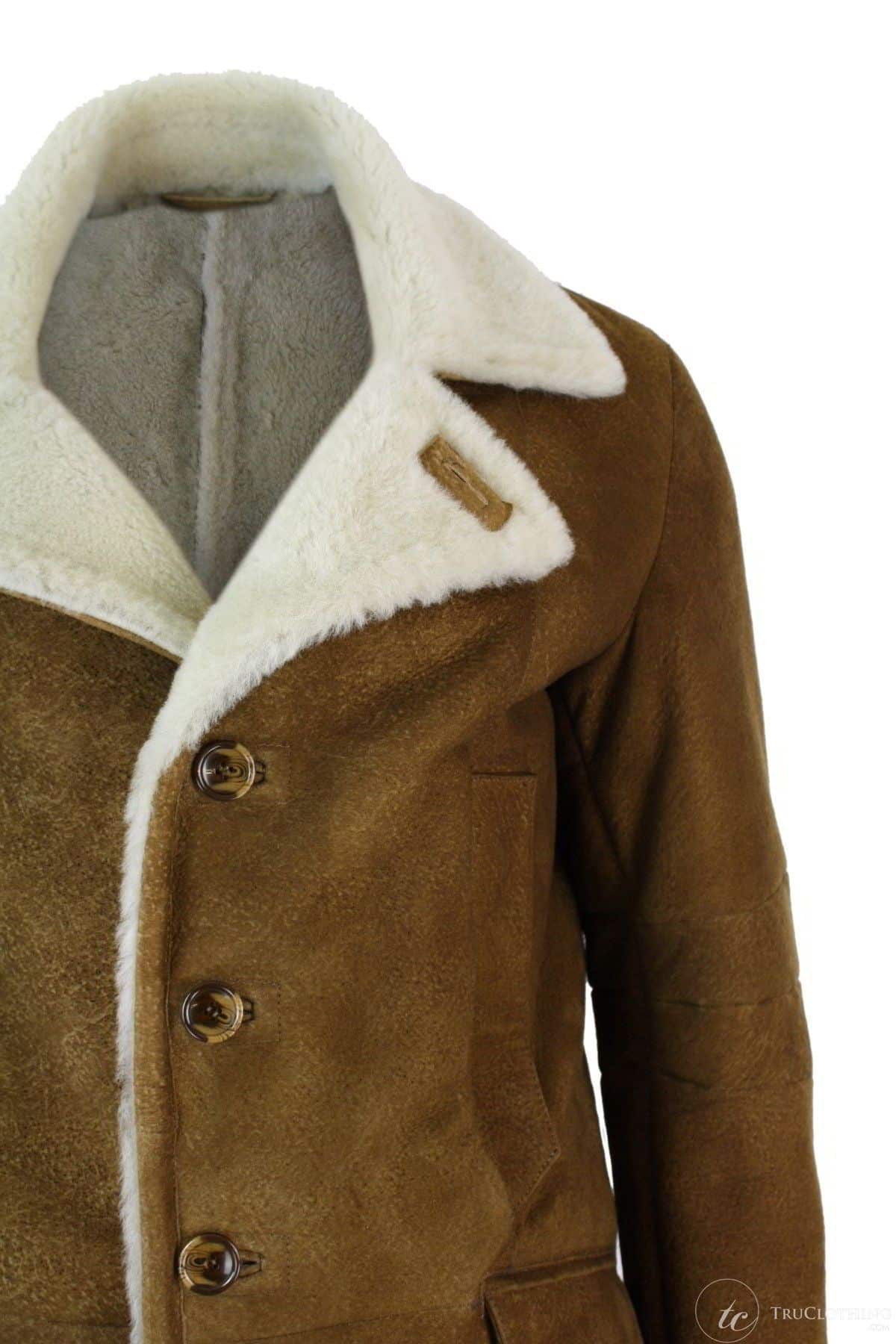 Moški 3/4 plašč iz ovčje kože Sherling, rjave barve, vintage retro, zimski, topel