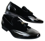 Moški čevlji Patron 239-10 slip-on resicami za vožnjo, sijoči črni lakirani usnjeni in PU semiš mokasini